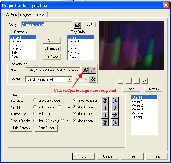 how to set default cue in media shout 4